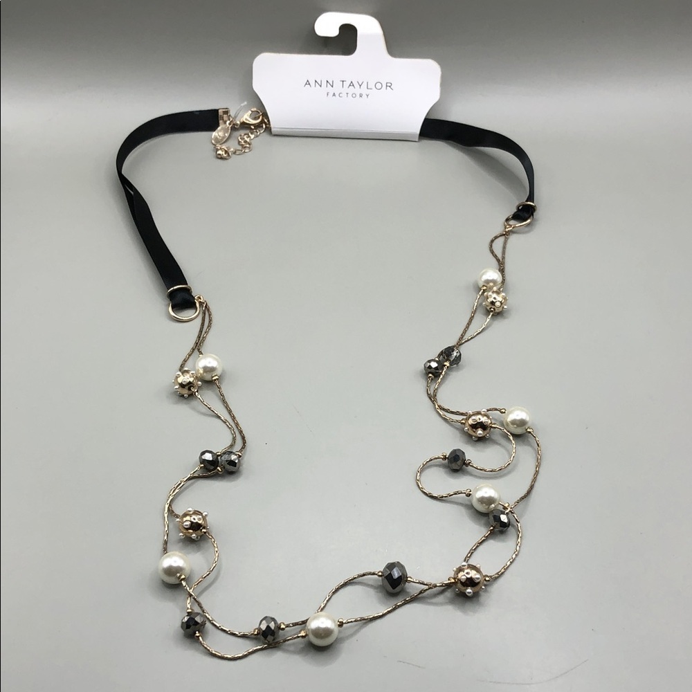 Ann Taylor faux pearl crystal double layer layered long chain necklace NWT